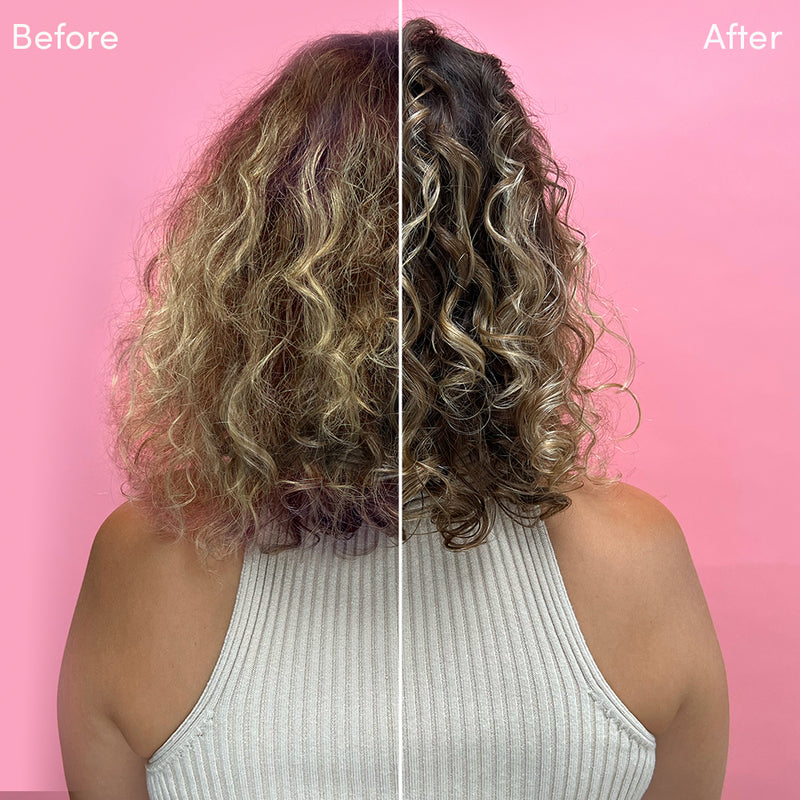 Before using glimmr and after using glimmr for curly hair