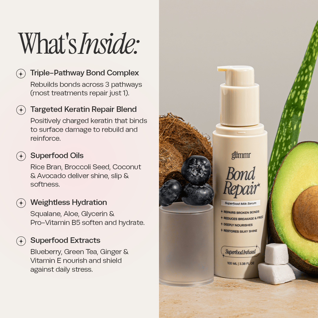 Key ingredients in Glimmr The Superfood Bond Repair Serum: rice bran oil, broccoli seed oil, and positively charged keratin