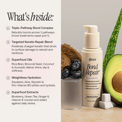 Key ingredients in Glimmr The Superfood Bond Repair Serum: rice bran oil, broccoli seed oil, and positively charged keratin
