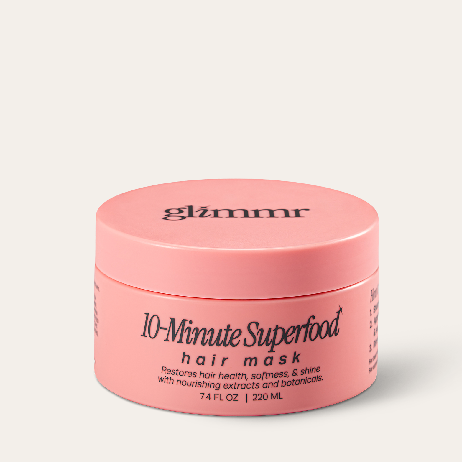 Bottle of Glimmr 10-Minute Superfood Hair Mask on a white background