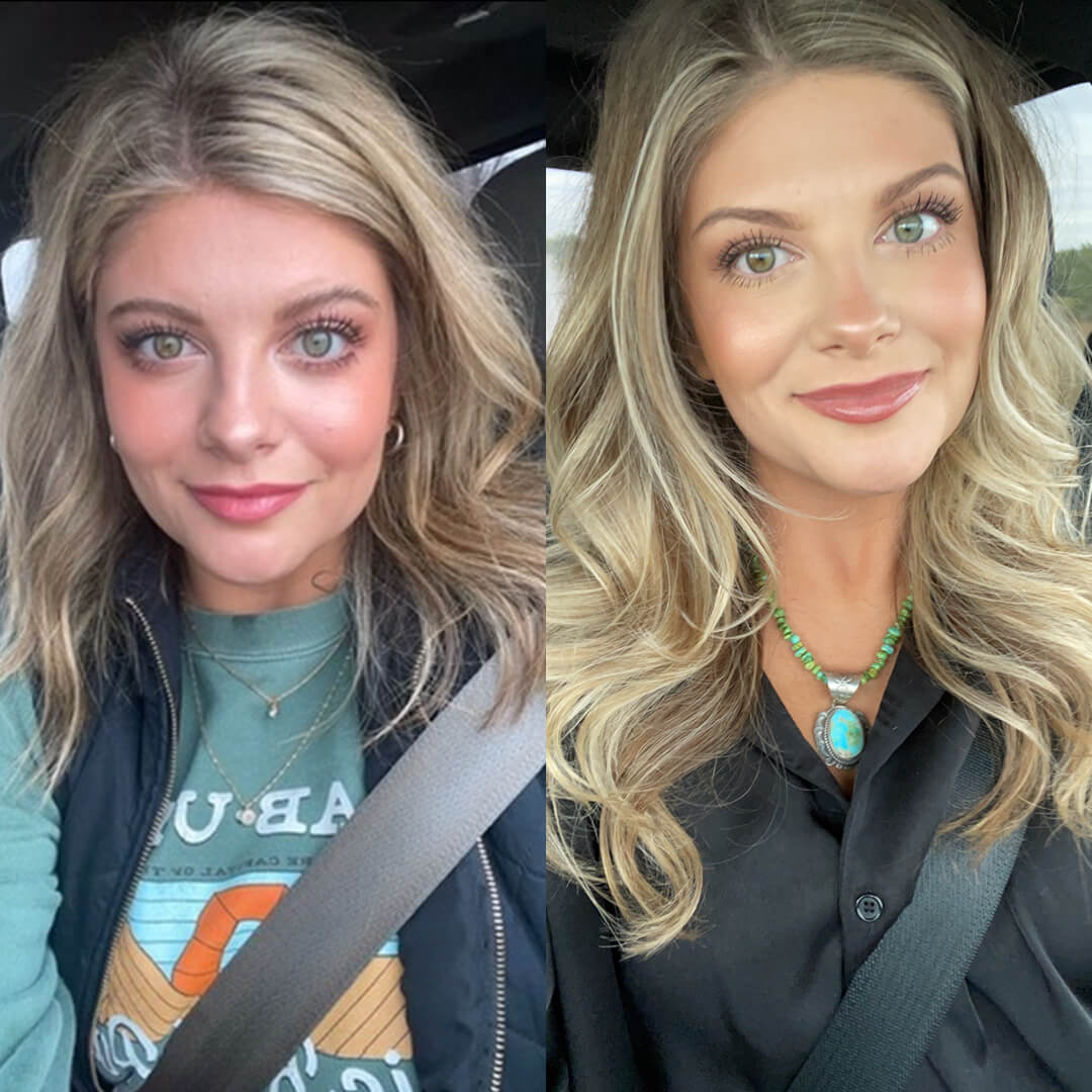 Kelsie C.'s hair after using Glimmr's hair mask and shampoo to recover from hair loss and breakage