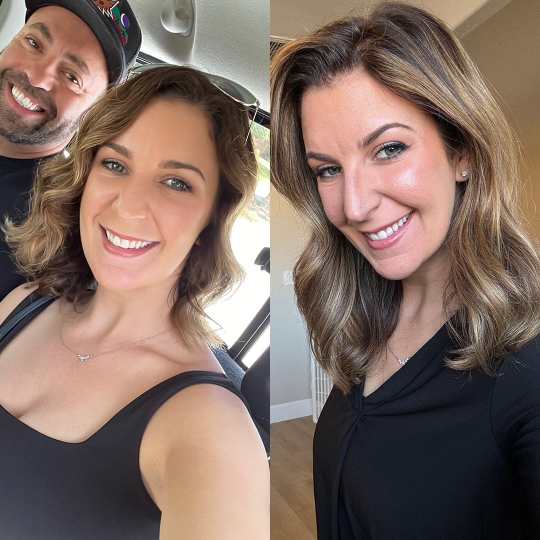 Madeline F.'s hair after using Glimmr's hair mask twice weekly to repair dry hair with stagnant length