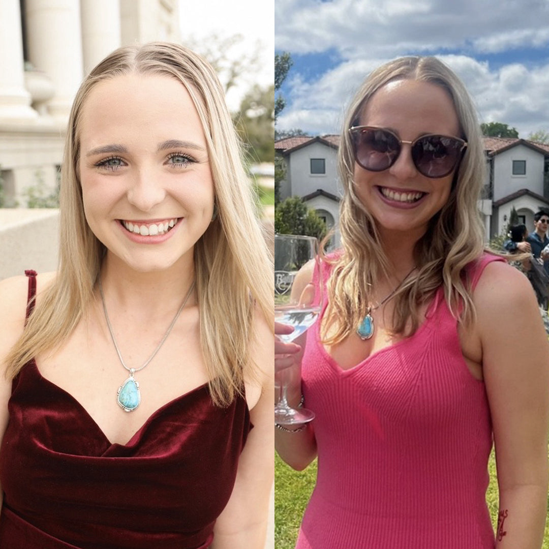 Maggie C.'s hair after a year using Glimmr's hair mask, from thin and brittle to stronger, fuller hair