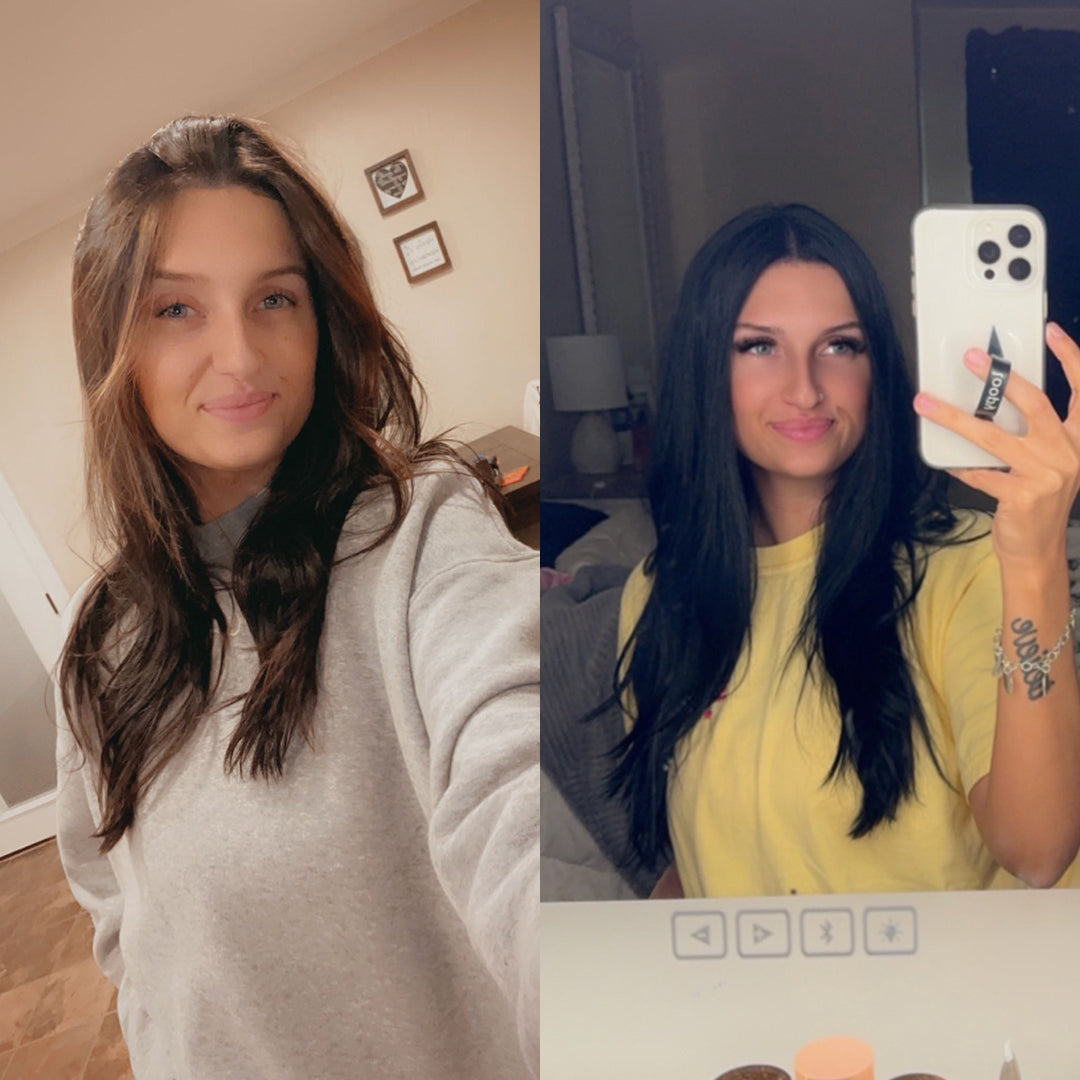 Morgan B.'s hair after about a year using Glimmr's hair mask, from dull and thinning to thicker, healthier hair