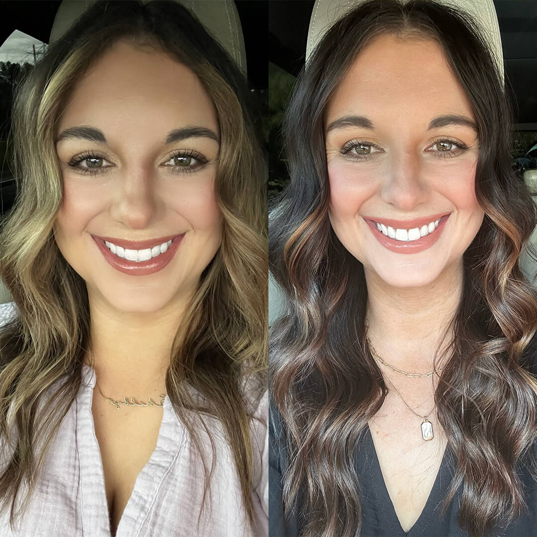 Shelby D.'s hair after using Glimmr's hair mask, from thin and stringy to fuller, shinier hair
