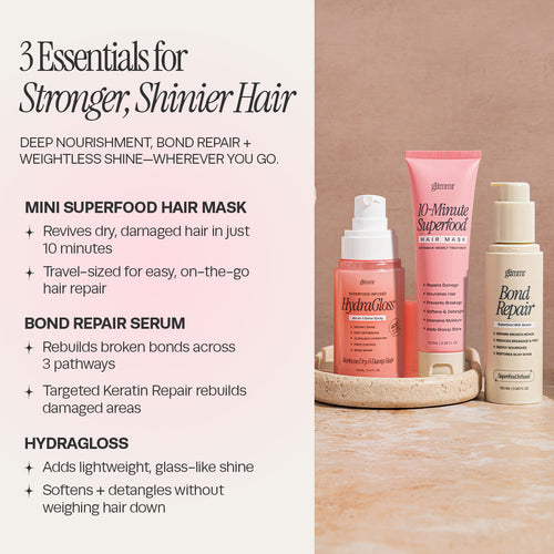 The Repair Essentials Set contains our 3 Essential products for stronger, repaired, and shinier hair. It includes the Mini 10-Minute Superfood Hair Mask, our most-wanted HydraGloss, and our brand-new Bond Repair Serum.