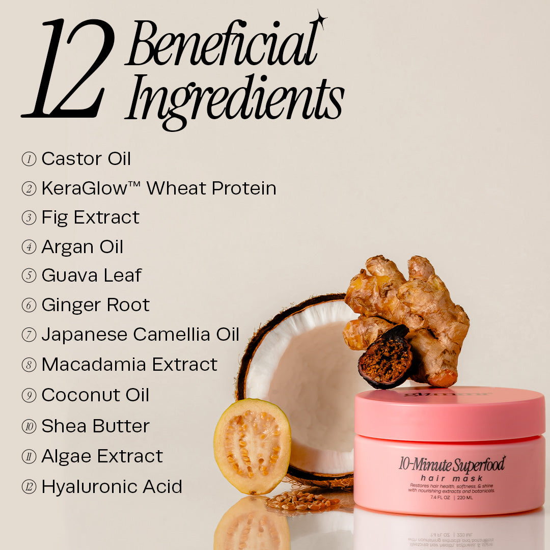Key ingredients in Glimmr 10-Minute Superfood Hair Mask: KeraGlow keratin protein, guava leaf, fig extract, and camellia oil