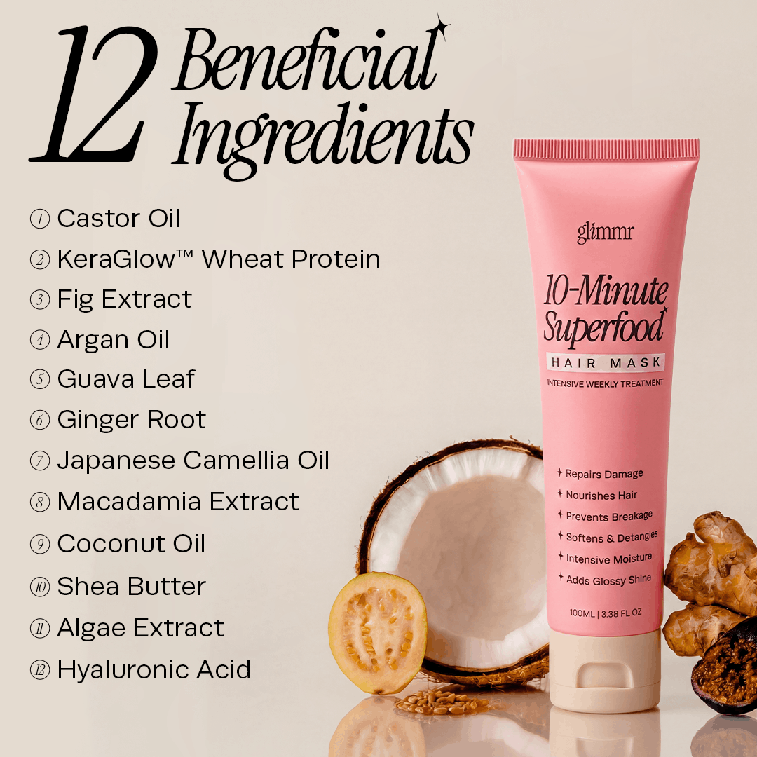 Key ingredients in Glimmr Mini Hair Mask: KeraGlow keratin protein, guava leaf, fig extract, and camellia oil
