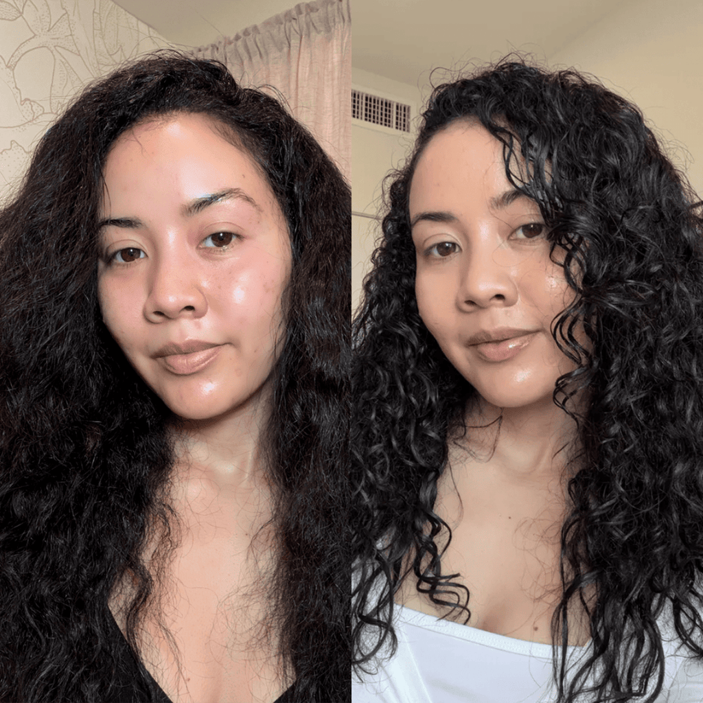 Tara M.'s curls after using Glimmr's Curl Cream, defined, soft, with more movement and bounce